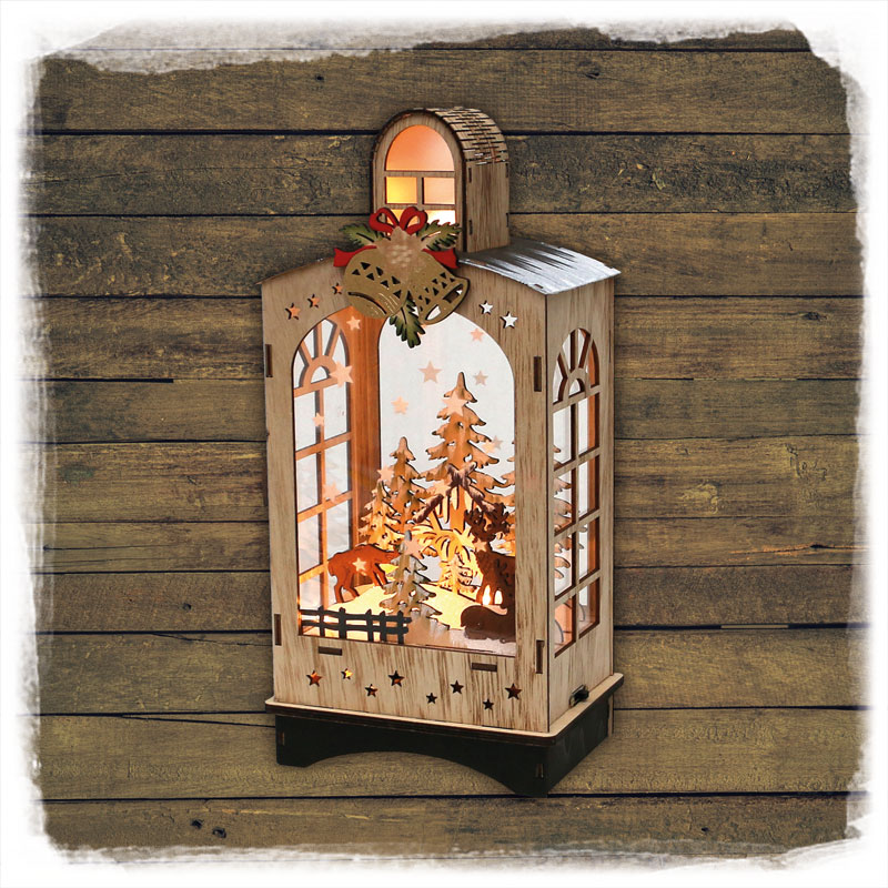 Holz Laterne Winterwald  Sound LED
