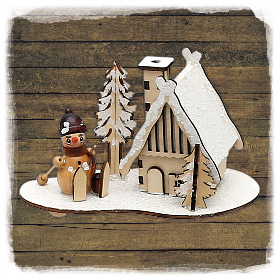 Holz Räucherhaus verschneit mit Schneemann Sigro