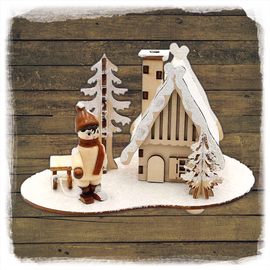 Holz Räucherhaus verschneit mit Winterfiguren Sigro