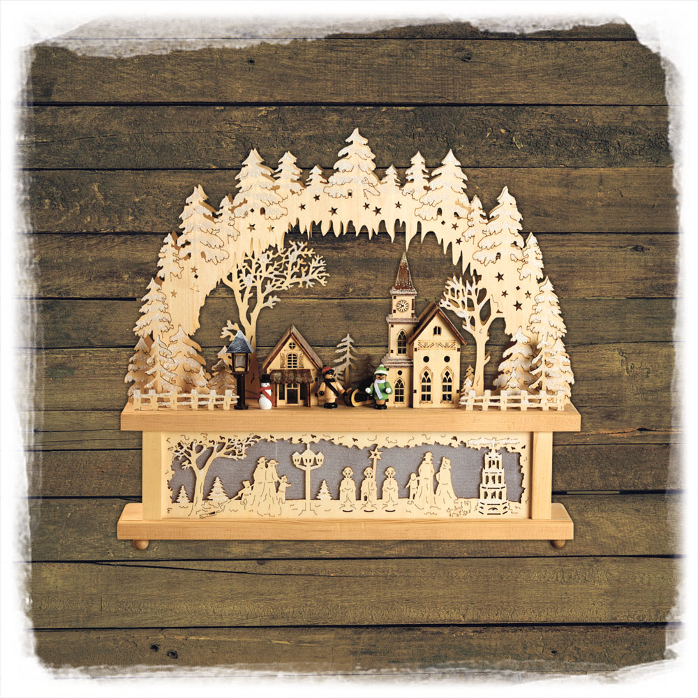 Holz Schwibbogen LED mit Bank Häuser+Kinder Schulte