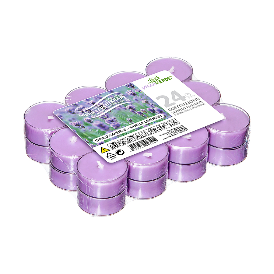 Teelichter transp. Hülle 24er Vanille-Lavendel