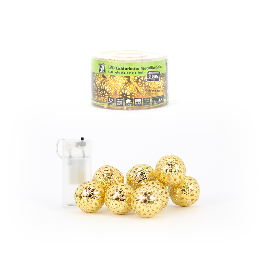 Lichterkette LED 8 Metallkugeln gold D4cm 