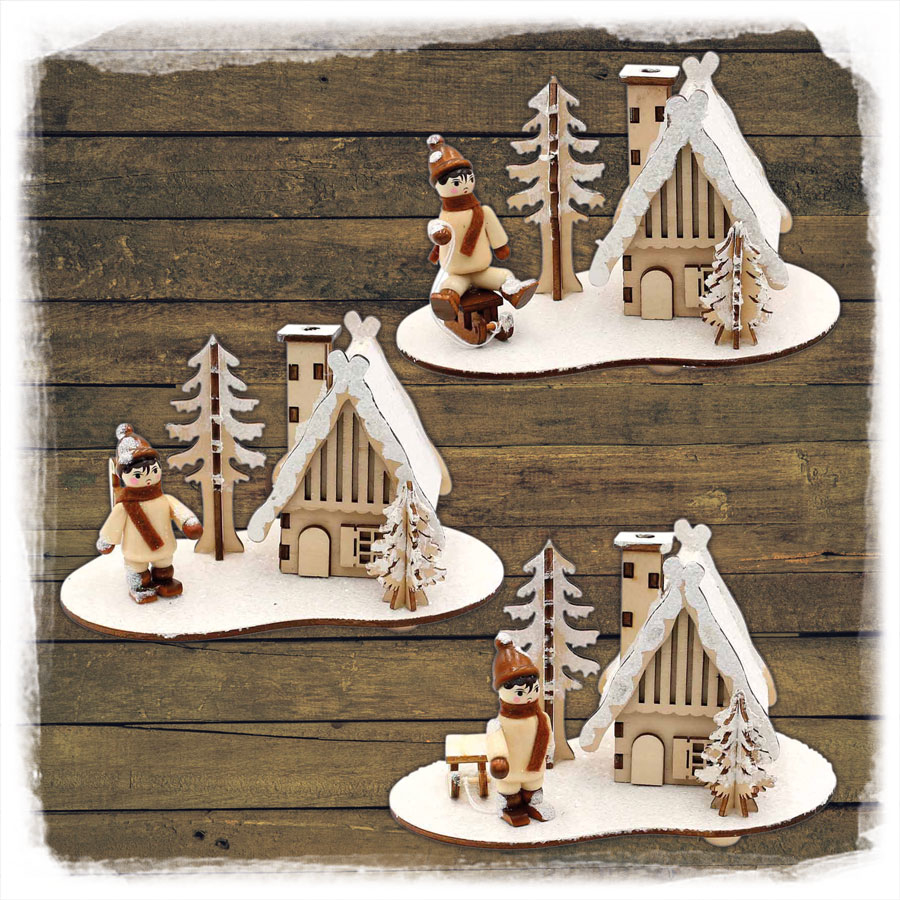 Holz Räucherhaus verschneit mit Winterfiguren Sigro