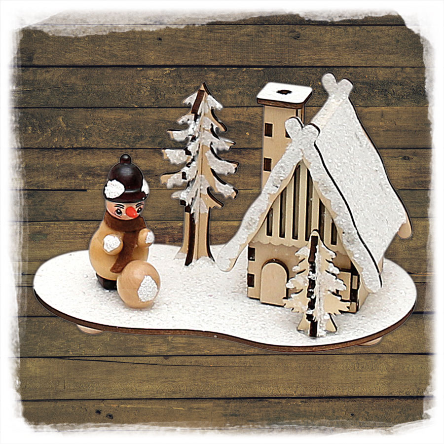 Holz Räucherhaus verschneit mit Schneemann Sigro