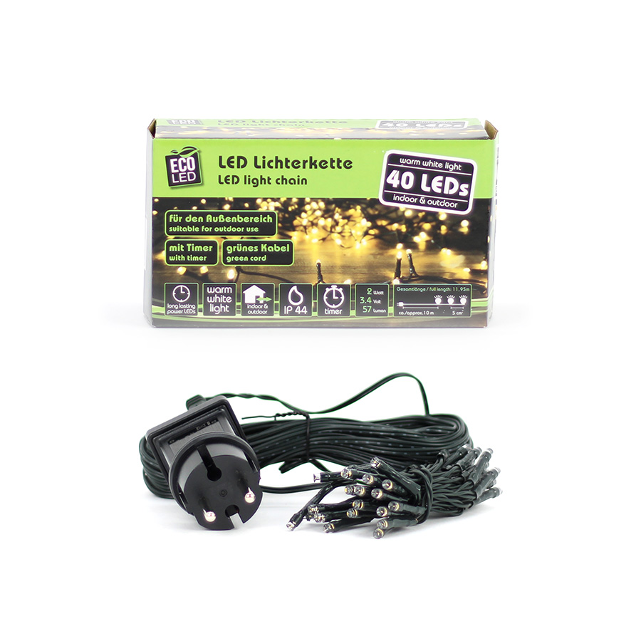 Lichterkette 40 LED schw. Kabel Stecker ww Außen Timer Noor