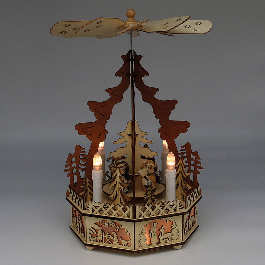 Holz Pyramide Eulen LED Kerzen Bewegung