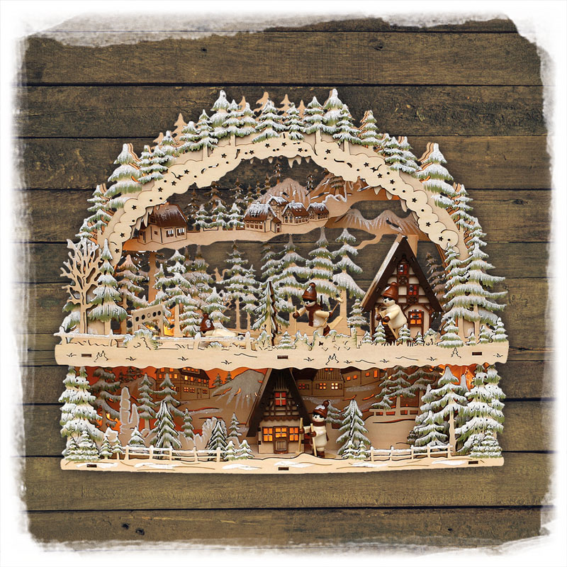 Holz Schwibbogen Biathlon mit Bank LED
