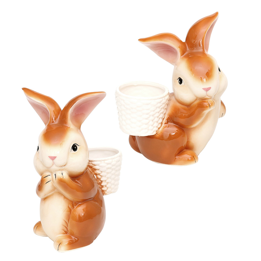 Porzellan Hase braun 18cm mit Pflanzgefäß  2fach