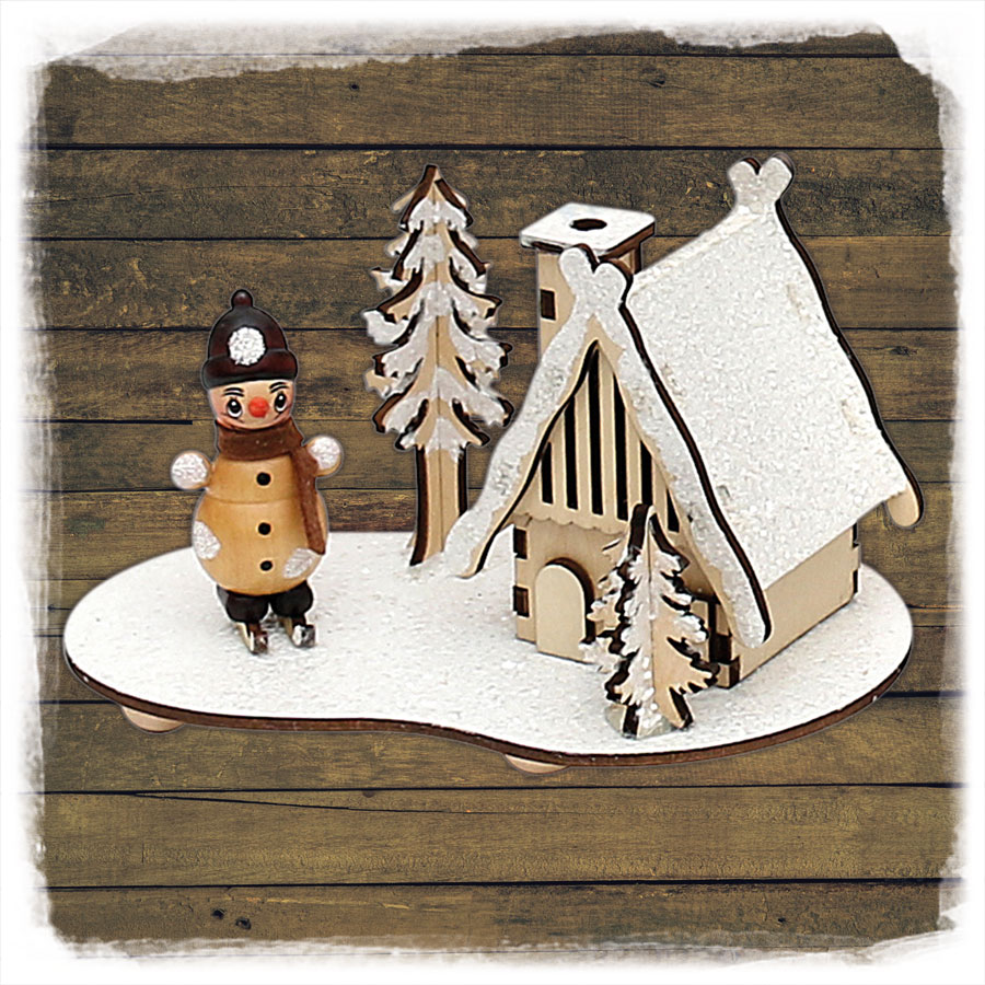 Holz Räucherhaus verschneit mit Schneemann Sigro
