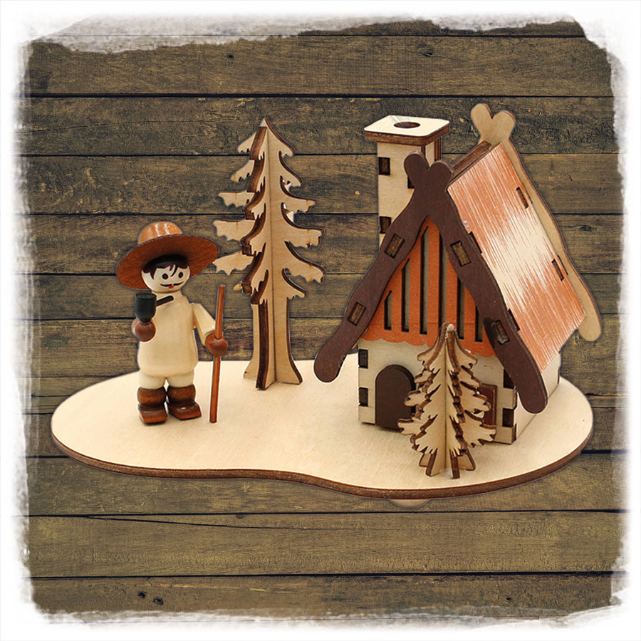 Holz Räucherhaus mit Wanderer Filzhut Sigro