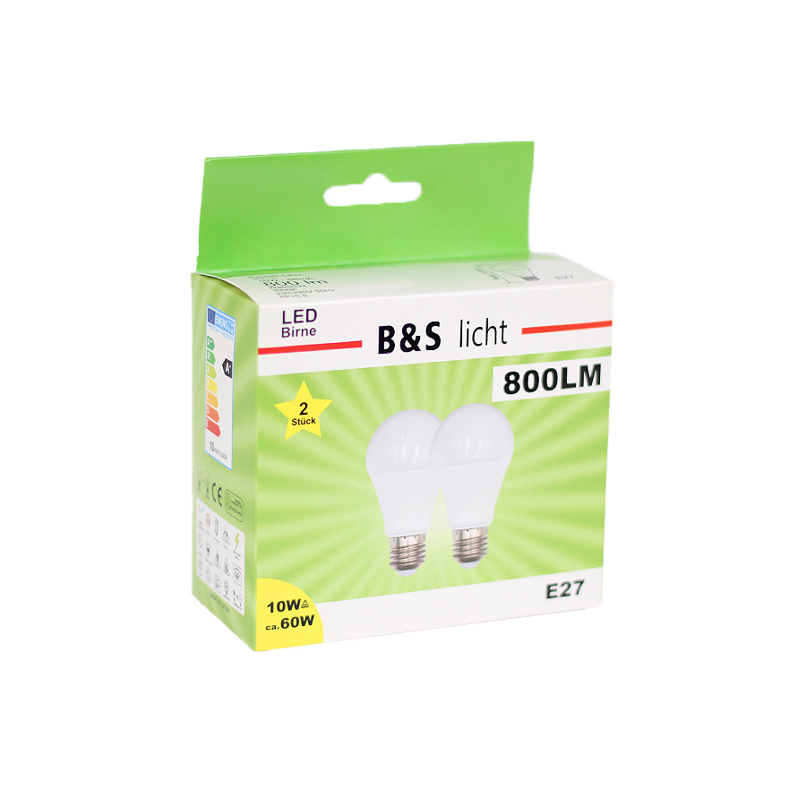 B&S LED Birne 2er A60, 10W, E27, 800Im, RA80