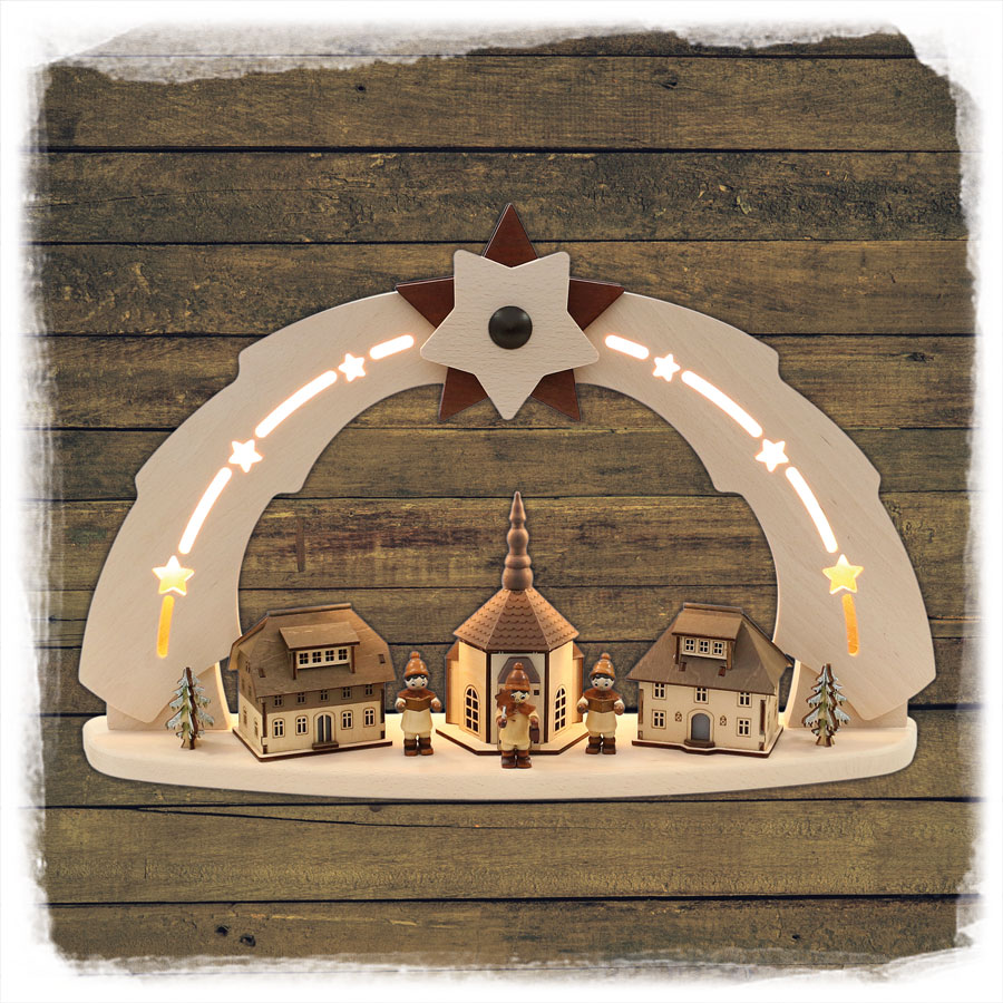 Holz Schwibbogen Seiffener Kirche Häuser LED Sigro