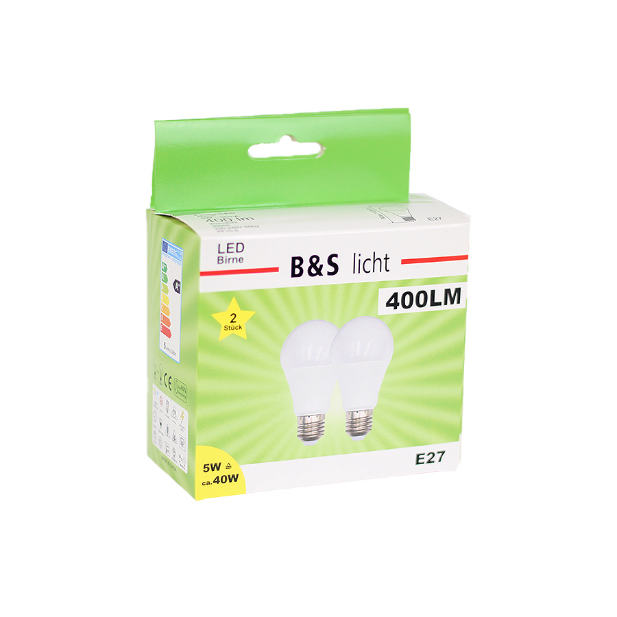 B&S LED Birne 2er A60, 5W, E27, 400Im, RA80