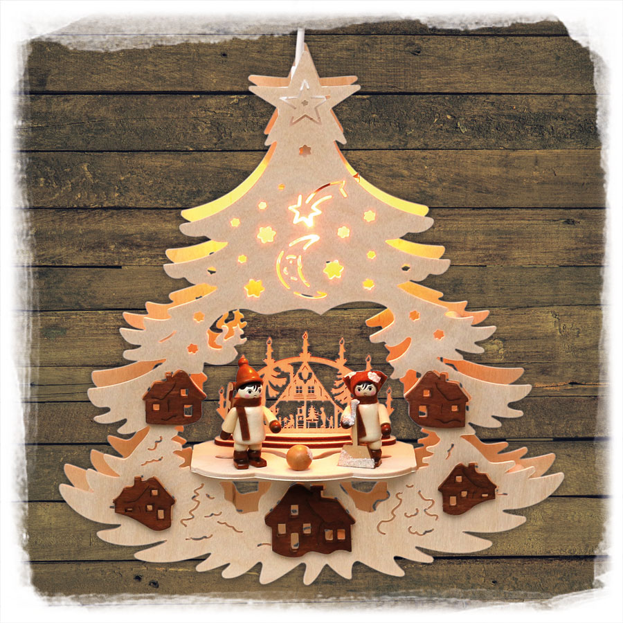 Holz Fensterbild Baum Winterfiguren natur-braun