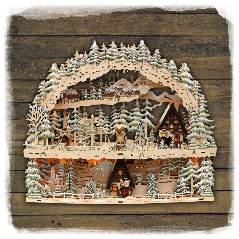 Holz Schwibbogen Eulen mit Bank LED