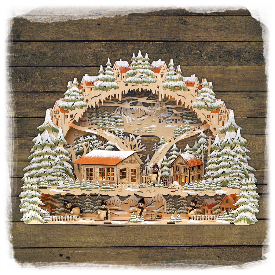 Holz Schwibbogen Wintersport mit Bank LED