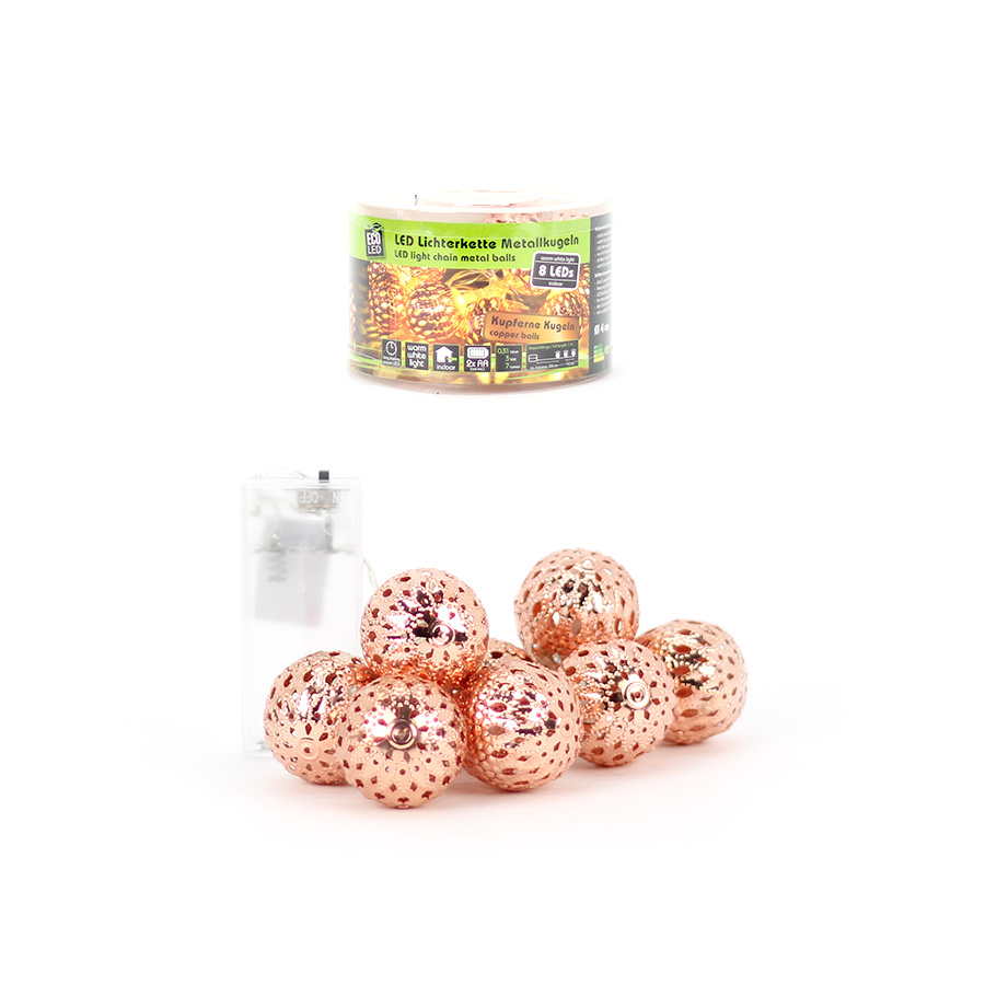 Lichterkette LED 8 Metallkugeln kupfer D2,5cm 
