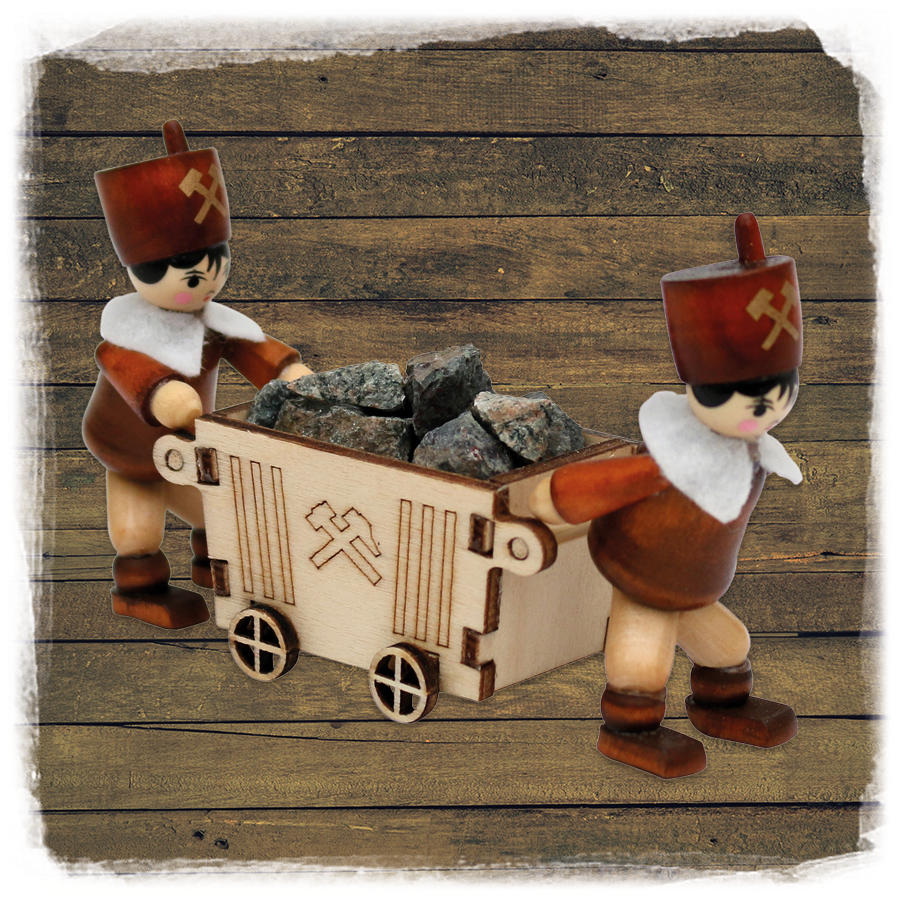 Holz ZB Figur 2Bergmänner mit Lore & Steinen 3erSet
