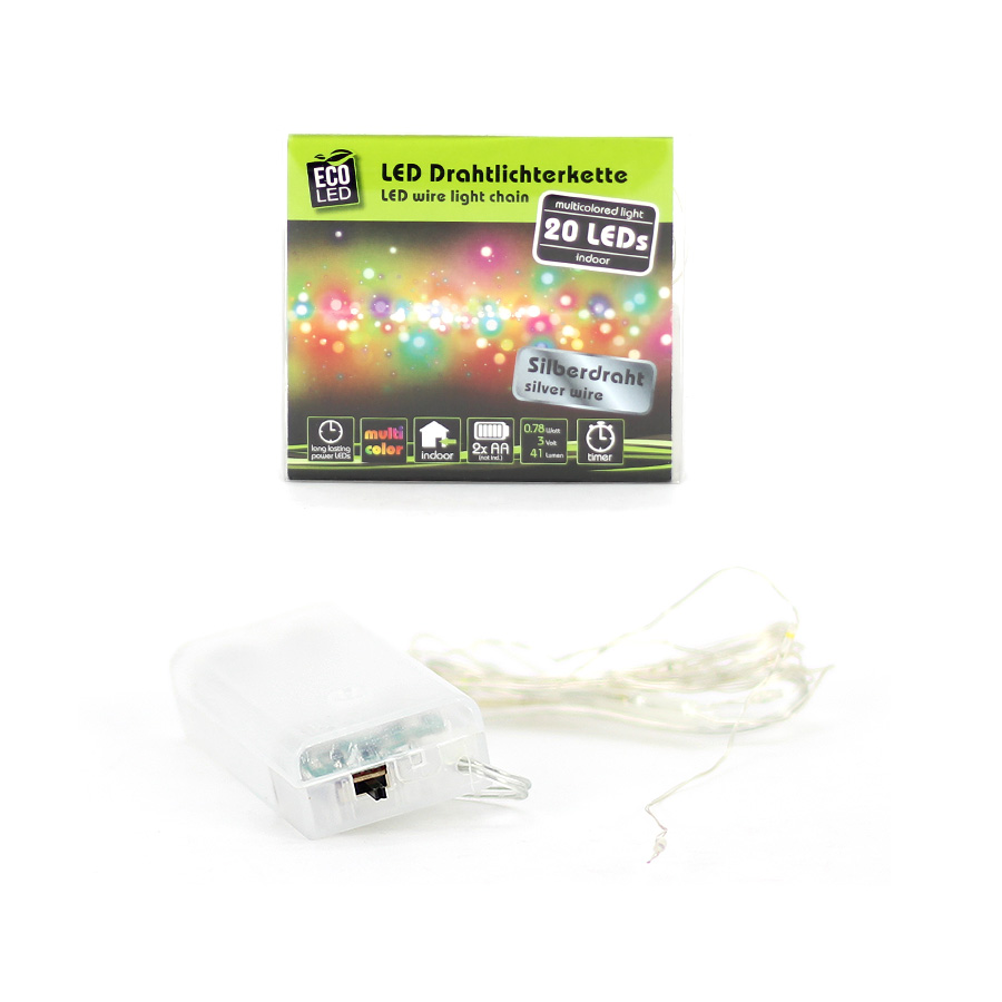 Lichterkette 20 LED Silberdraht bunt Timer Noor