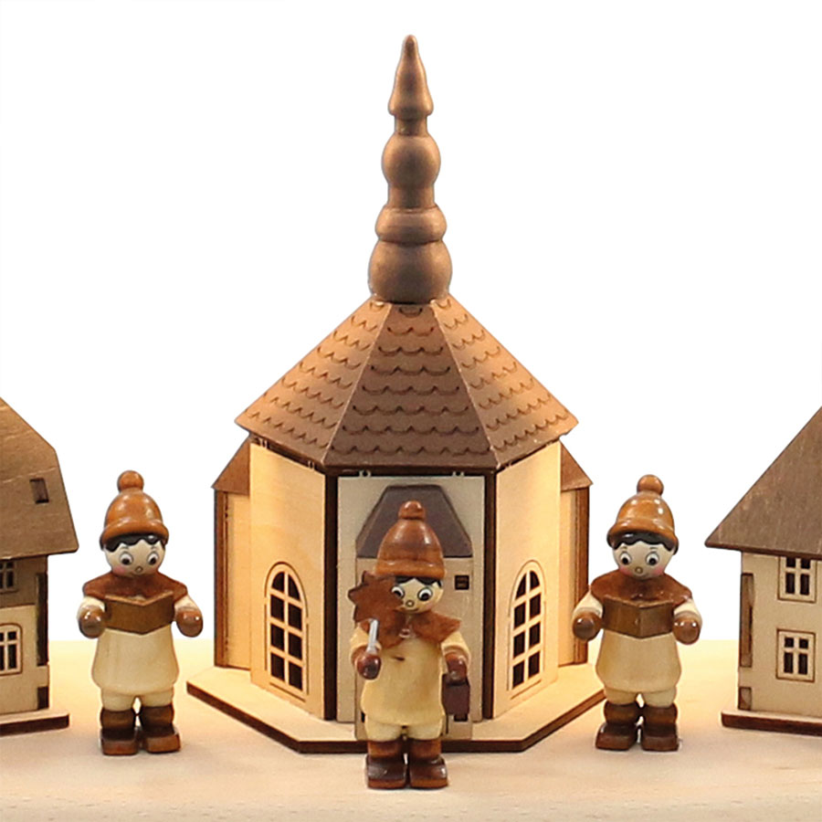 Holz Schwibbogen Seiffener Kirche Häuser LED Sigro
