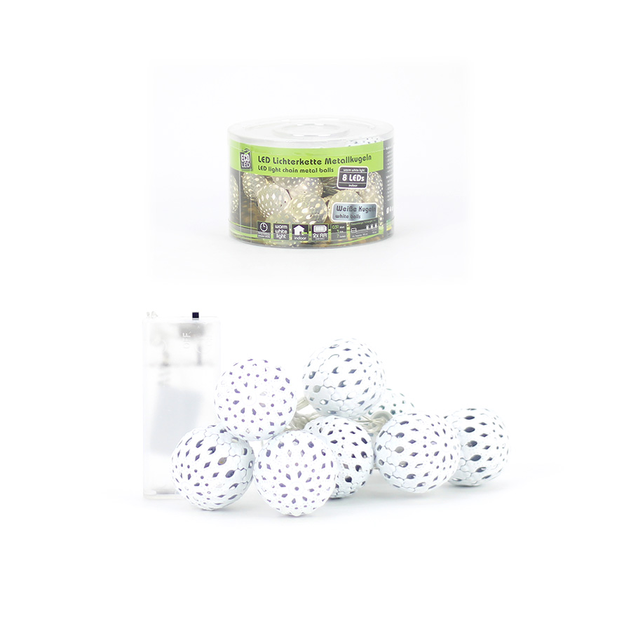 Lichterkette LED 8 Metallkugeln weiß D4cm 